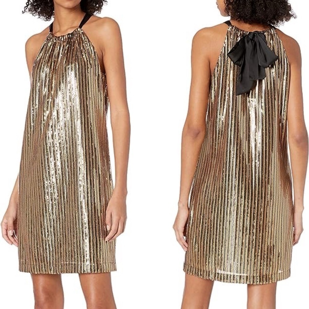 Trina Turk Juju Halter Tie Neck Dress black gold sequin stripe Sz XS- NWT